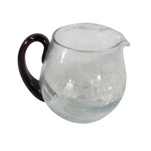 Blenko‎ Crackle Glass Pitcher Clear with Amethyst Purple Handle Vintage